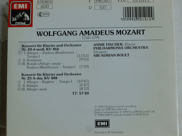 Mozart - Klavierkonzerte no 20, 23 / Annie Fischer, Sir Adrian Boult